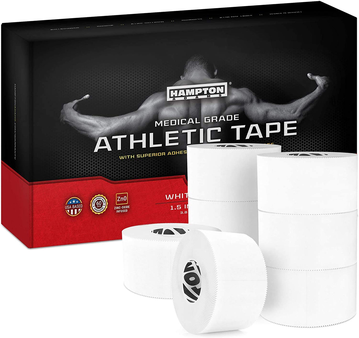 Hampton Adams | As Seen on Shark Tank | Original Sports Medical Athletic Tape (8-Pack) | 45ft Rolls | No Sticky Residue Easy Tear | for Athletes Trainers First Aid Injury Wrap | Ankles Wrist (White)