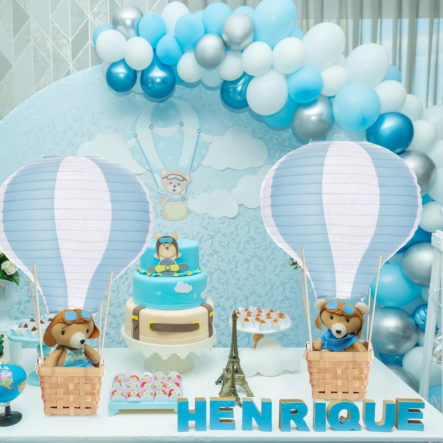 Meooeck 8 Sets Blue Hot Air Balloons Decorations Baby Shower Table Centerpieces 11.8'' Paper Lantern with Basket for Gender Reveal Birthday Wedding Graduation School Party Supplies