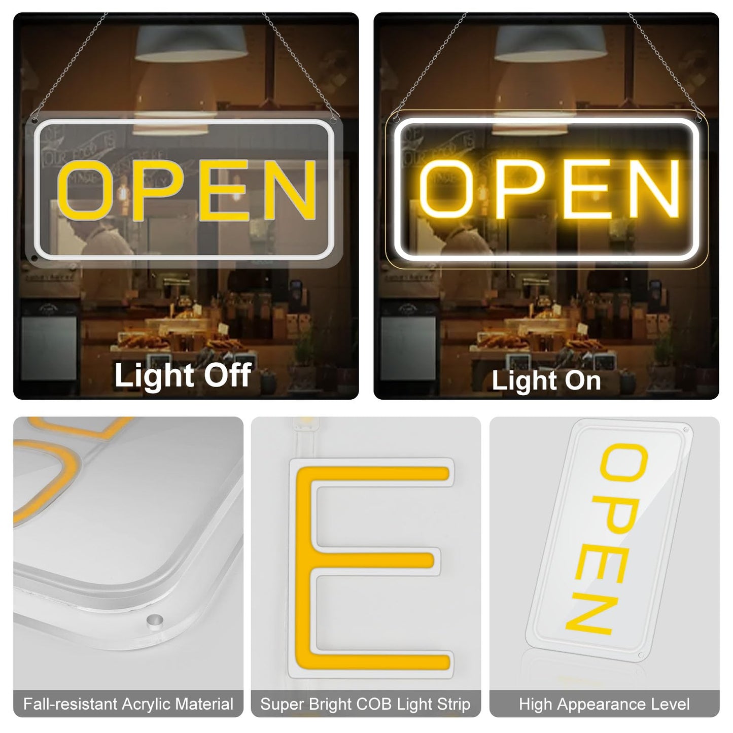 22.8"x 11.8" Ultra Bright 12V Neon Open Sign for Business, LED Open Neon Sign, Electric Light up Signs for Stores, Restaurants Offices Retail Shops Window (Yellow-White-Horizontal)