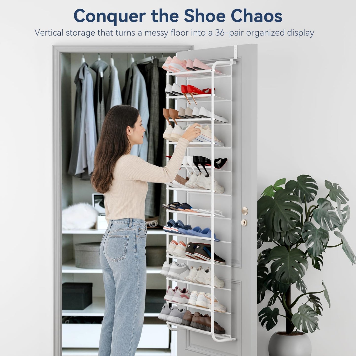 Whitmor 36 Pair Over The Door Shoe Organizer, 12 Tier Hanging Shoe Organizer, Heavy Duty Metal & Mesh Shoe Holder, Hanging Shoe Rack for Closet Organizer & Storage, 74"H x 21.7"W x 7.5"D, White