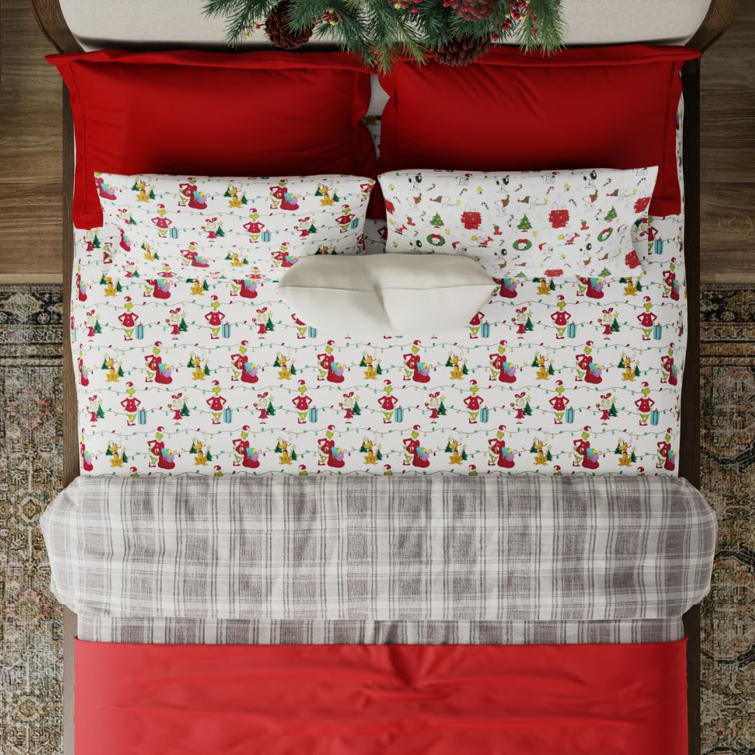 Grinch by Dr. Seuss Holiday & Christmas Bedding Super Soft 100% Cotton Flannel Sheet Set, Queen, (Officially Licensed Product) By Franco