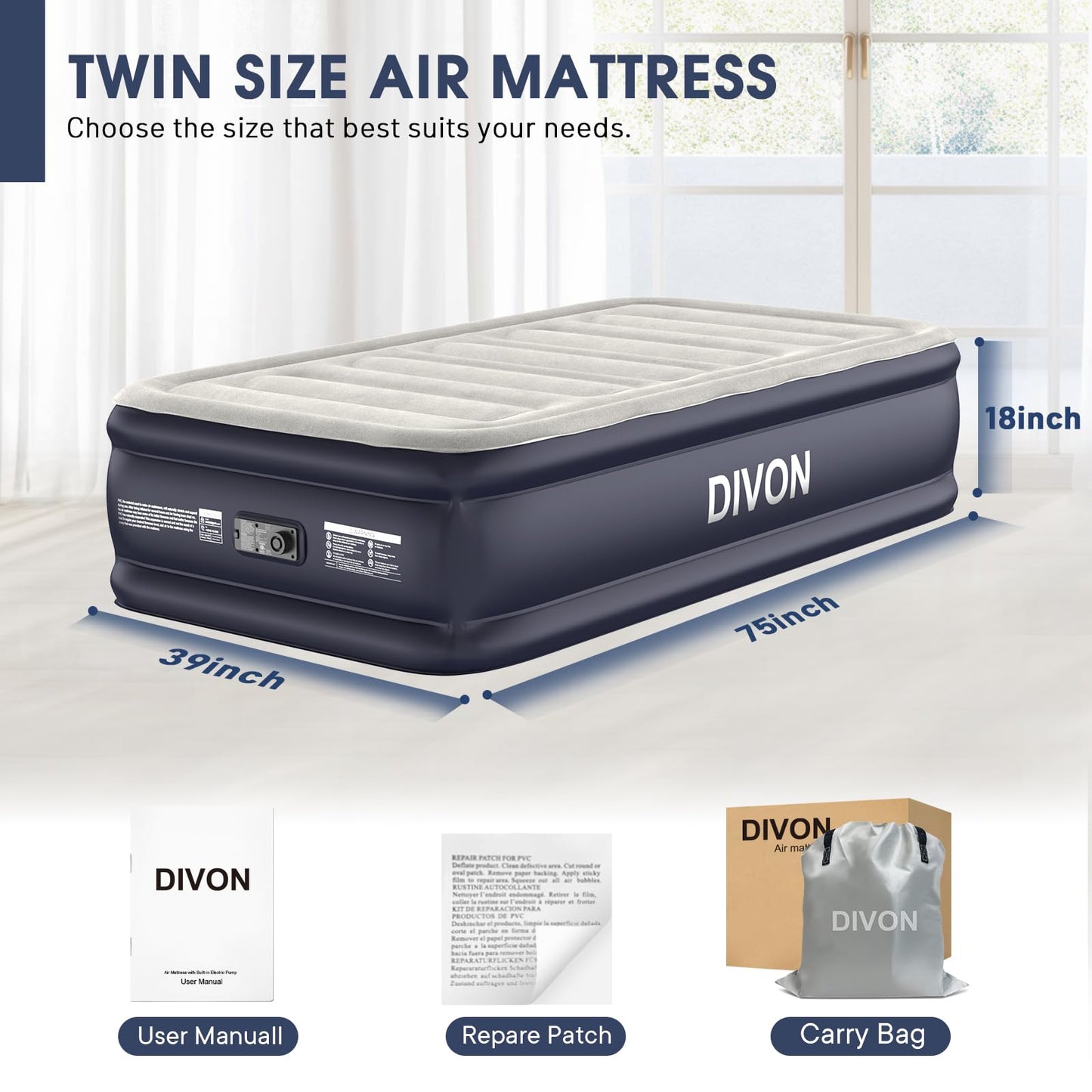Twin Air Mattress with Built-in Pump,18''Raised Blow Up Mattress 2 Mins Self Inflation/Deflation,Upgraded Thicker Inflatable Mattress，Flocked Top Air Bed with Storage Bag for Guests,Home，Camping
