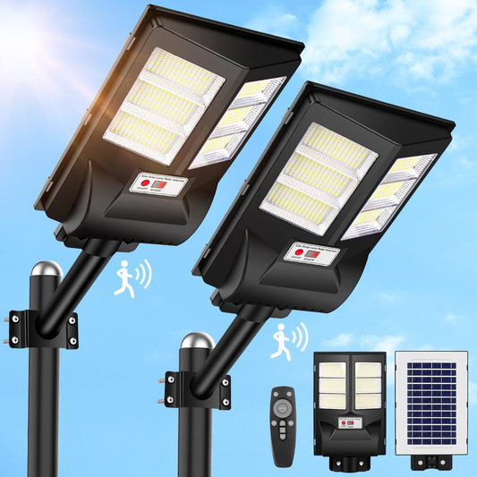 2 Pack Outdoor Waterproof 6500K 80000LM 756 LED Beads Dusk to Dawn Solar Flood Light with Motion Sensor and Remote Control for Parking Lot, Garage