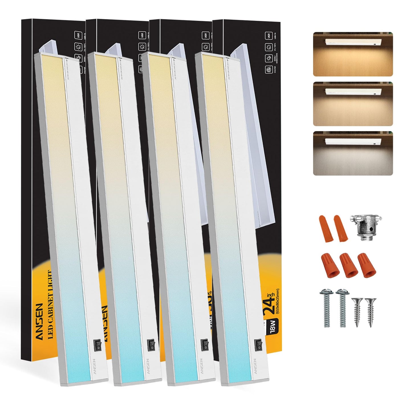 Ansen 4Packs of Under Cabinet Lighting Hardwired, 24IN 18W 1237LM, Dimmable Led Light for Kitchen/Bar/Closet, CRI>92, R9>90, 3 Color Temperature, 3000K/4000K/5000K(Warm White, Cool White, Daylight)