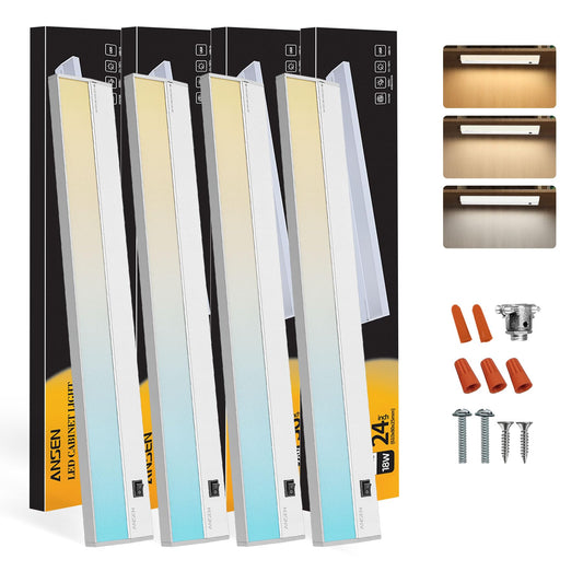 Ansen 4Packs of Under Cabinet Lighting Hardwired, 24IN 18W 1237LM, Dimmable Led Light for Kitchen/Bar/Closet, CRI>92, R9>90, 3 Color Temperature, 3000K/4000K/5000K(Warm White, Cool White, Daylight)