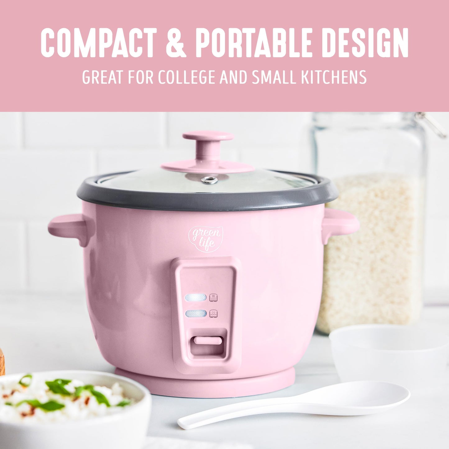 GreenLife Rice Cooker with Removable PFAS-Free Ceramic Nonstick Pot, 3-Cups Uncooked/6-Cups Cooked, Grains & Oatmeal Multicooker, Compact One-Switch Design, Auto Keep Warm, Easy Clean, Pink