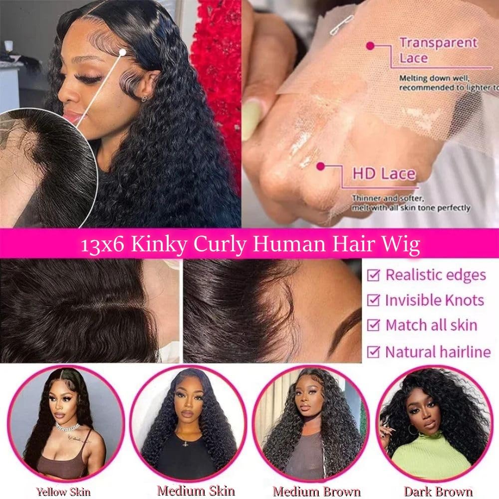 Curly Lace Front Wigs Human Hair 13x6 Kinky Curly HD Transparent Lace Frontal Wig for Women Short Curly Human Hair Wigs Pre Plucked With Baby Hair 220% Density Glueless Hair Curly Wigs (16 Inch)