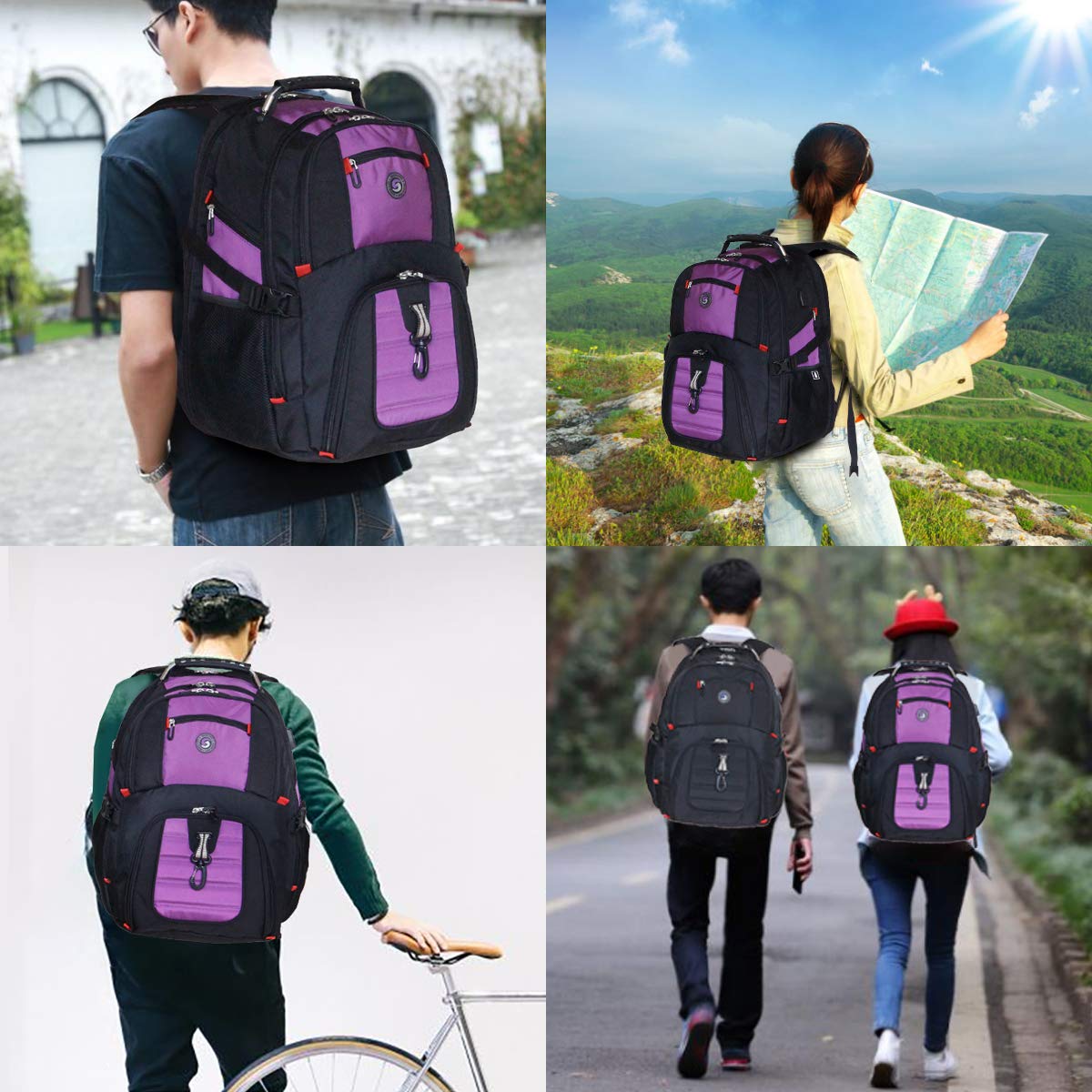 SHRRADOO Extra Large 50L Travel Laptop Backpack with USB Charging Port, College High School Backpack Airline Approved Business Work Bag Fit 17 Inch Laptops for Men Women,Purple