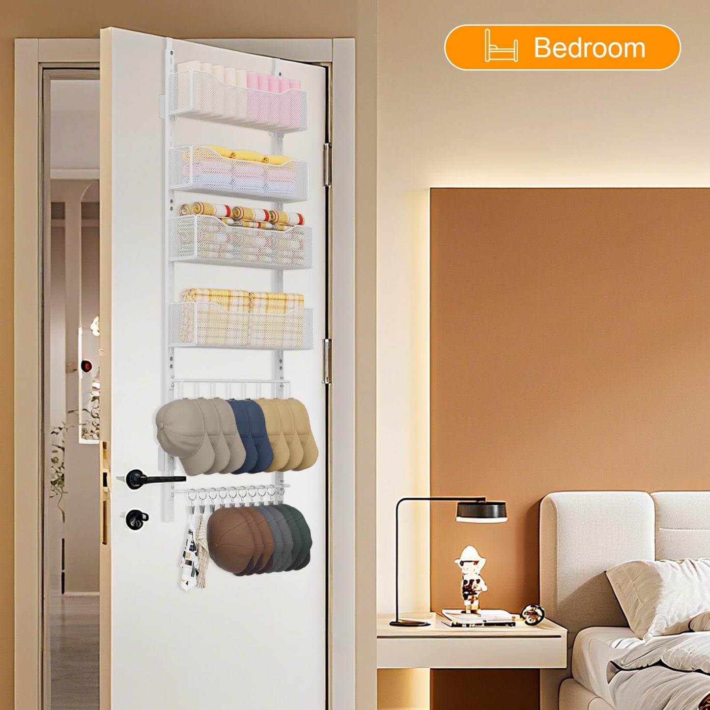 Over the Door Organizer, 2 in 1 Metal Hanging Closet Organizer & Hat Rack with 4 Adjustable Baskets, 8 Hooks, 10 Clips, Behind The Door Storage for Bedroom, Bathroom, Entrance, Closet, Kitchen, White