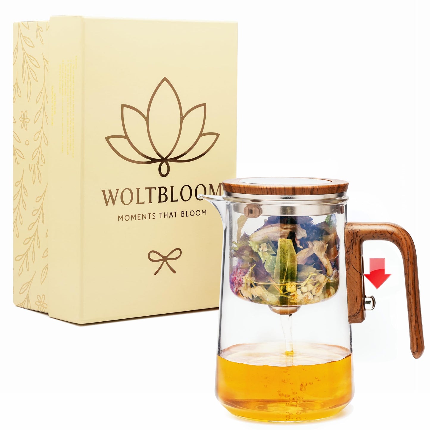 WOLTBLOOM Enchanti Glass Teapot with Infuser - Magic Tea Pot for Loose Leaf Tea - Borosilicate Glass Tea Maker with Heat-Resistant Handle - Gift Box & Writable Card - 800ML (27oz)