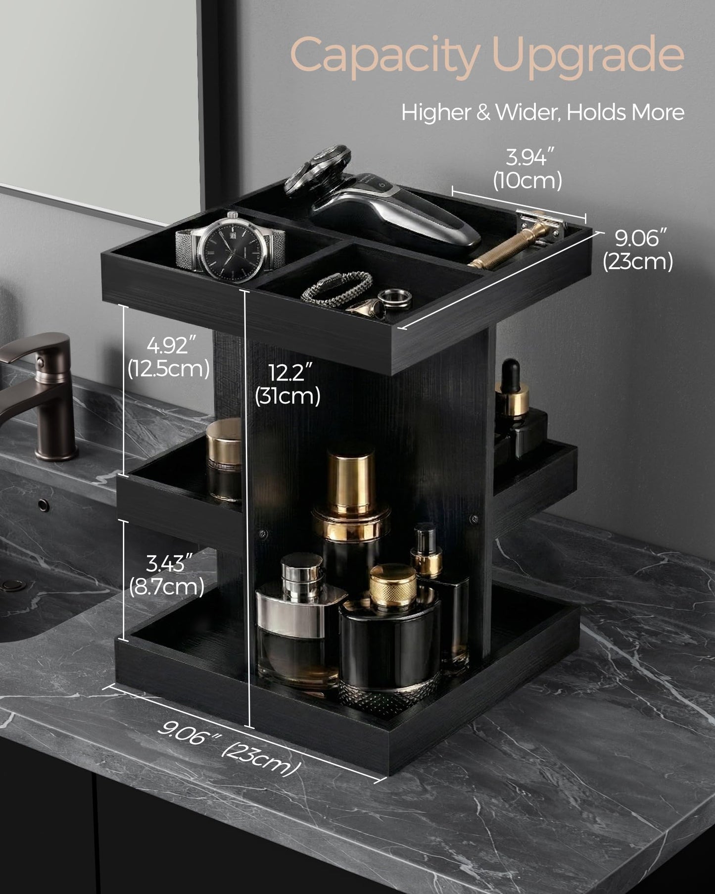 ProCase 3-Tier 360° Rotating Cologne Organizer for men, Large Capacity Wooden Countertop Display Rack for Bathroom & Dresser, Space-Saving Vanity Tray for Perfume & Skincare, Gifts for Him (Black)