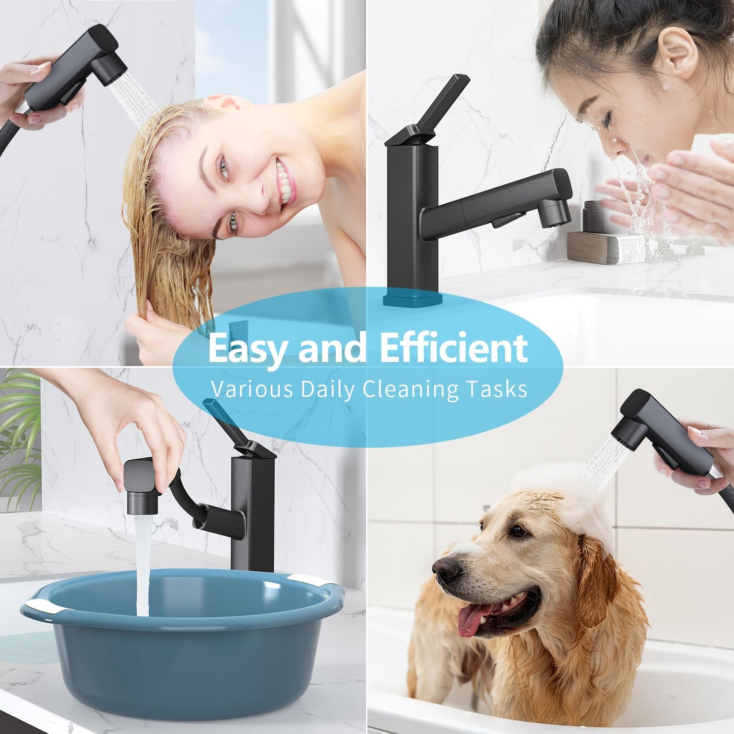 MIAOHUI Pull Out Single Hole Bathroom Faucet, 3 Spray Mode Single Handle Bathroom Faucets for Sink 1 Hole, Bathroom Sink Faucet with Pull Down Sprayer, Vanity Faucet with Fountain Mode, Matte Black