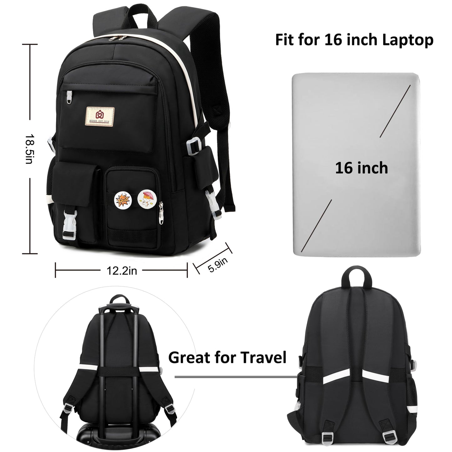 Laptop Backpacks 15.6 Inch College Backpack Elementary Middle High School Bag Large Cute Bookbags Anti Theft Travel Back Pack Casual Daypack Kids Book Bag for Teens Girls Women Students (Black)