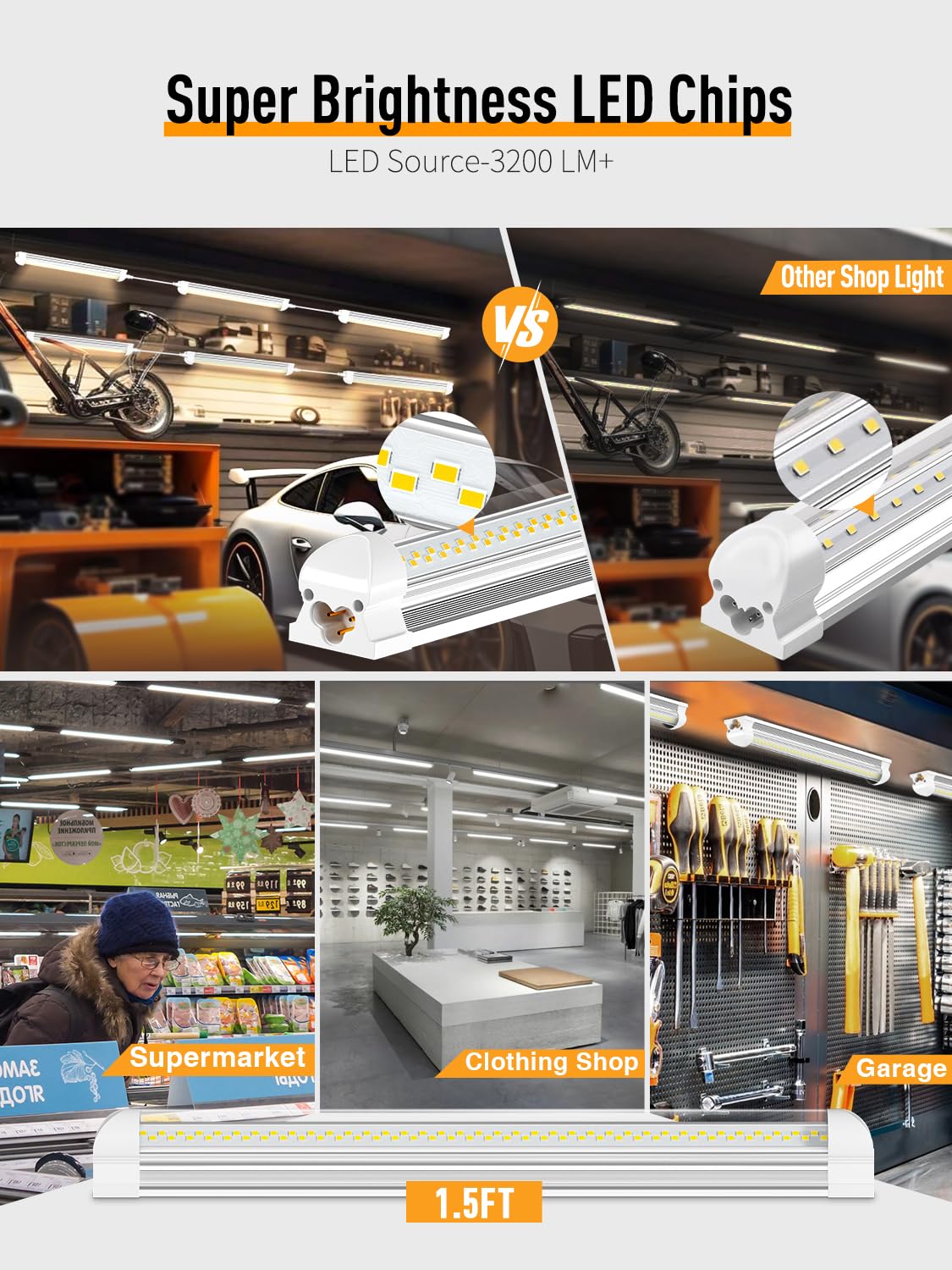 OnlyLux LED Shop Light, 25W 3750LM 6000K Super Bright, Plug and Play, Linkable Utility Shop Lights for Garage, Cabinet, Workbench, Workshop (6 Pack)