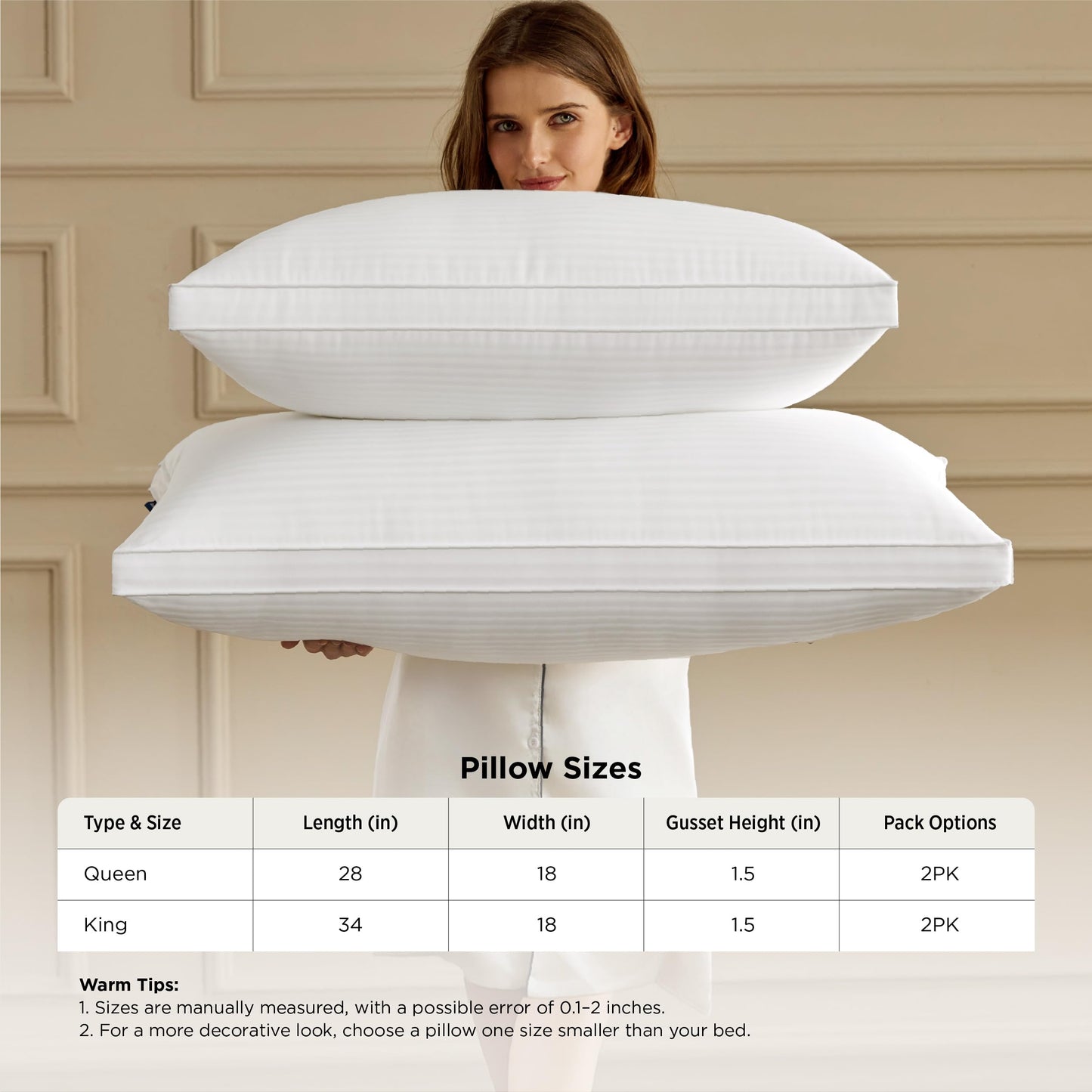 Bedsure Bed Pillows Queen Size Set of 2, Hotel-Quality Down Alternative Gusseted Pillows, PureWoven 100% Cotton Shell, Dual Chamber Construction for Fluffy Support, Ideal for Back & Stomach Sleepers