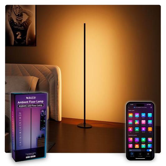 Aura Labs LED Corner Floor Lamp - RGBICW 4 Billion Colors - 90+ CRI & 1000 Lumens - App & Voice Control, Music Sync LED Lights - Standing Floor Lamp - Ambient Lighting - Bedroom, Living Room - 53 Inch