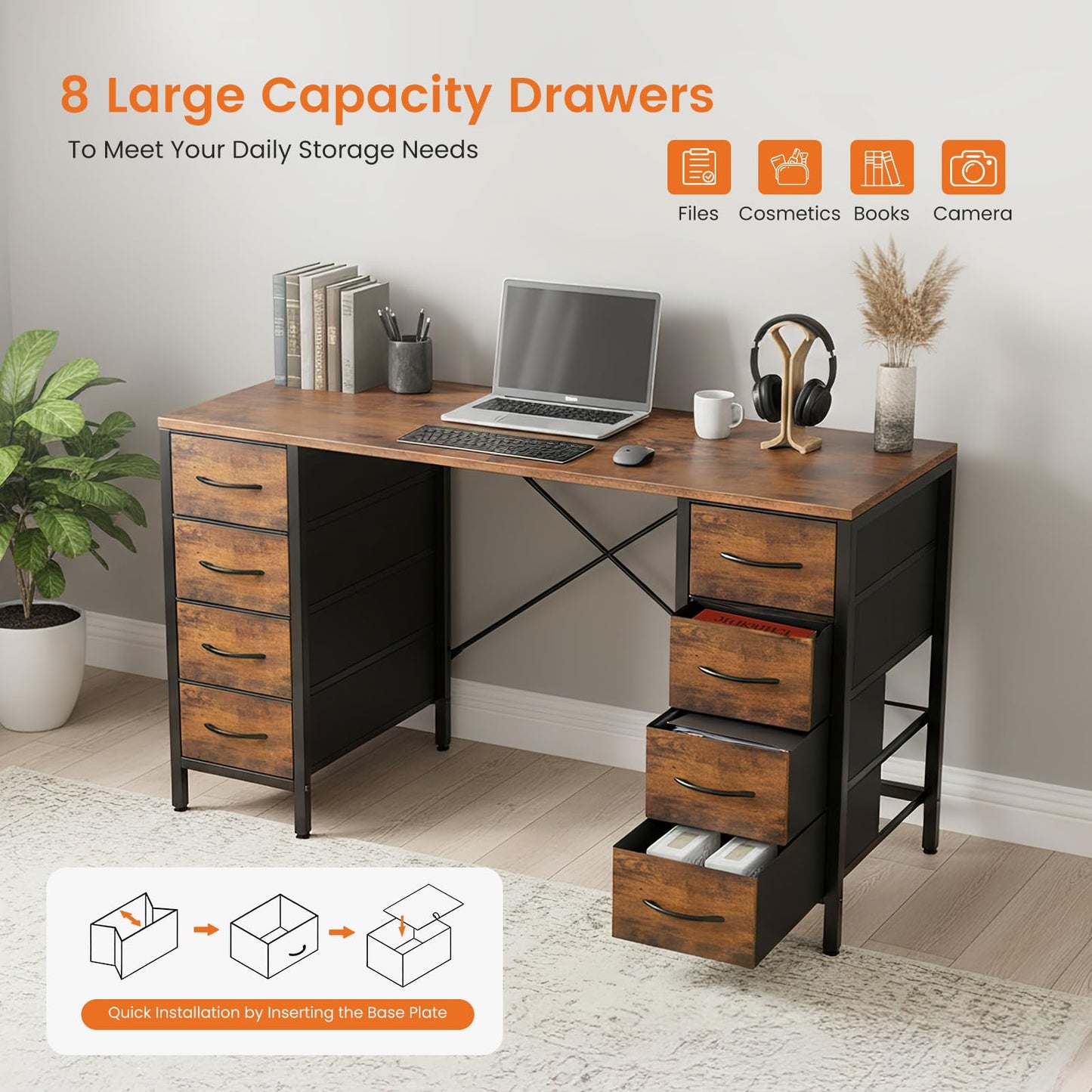 Sweetcrispy Desk with 8 Fabric Storage Drawers, Computer Office 47 Inch Gaming Writing Study Table with X-Shaped Reinforced Structure for Home Office Bedroom PC Desk, Brown