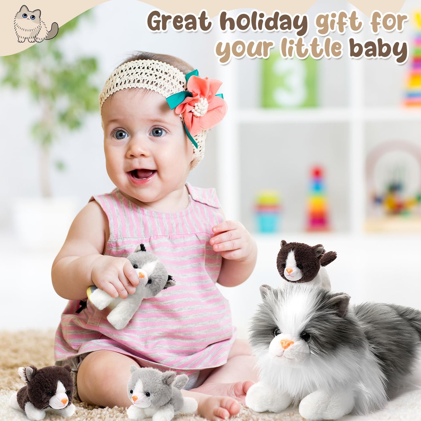 HyDren 5 Pcs Realistic Ragdoll Cat Stuffed Animal, 17.75 Inches Large Ragdoll Cat Mommy Plush with 4 Cute Babies Soft Plush Kittens Set for Girls Boys Birthday Party Favors(Grey)