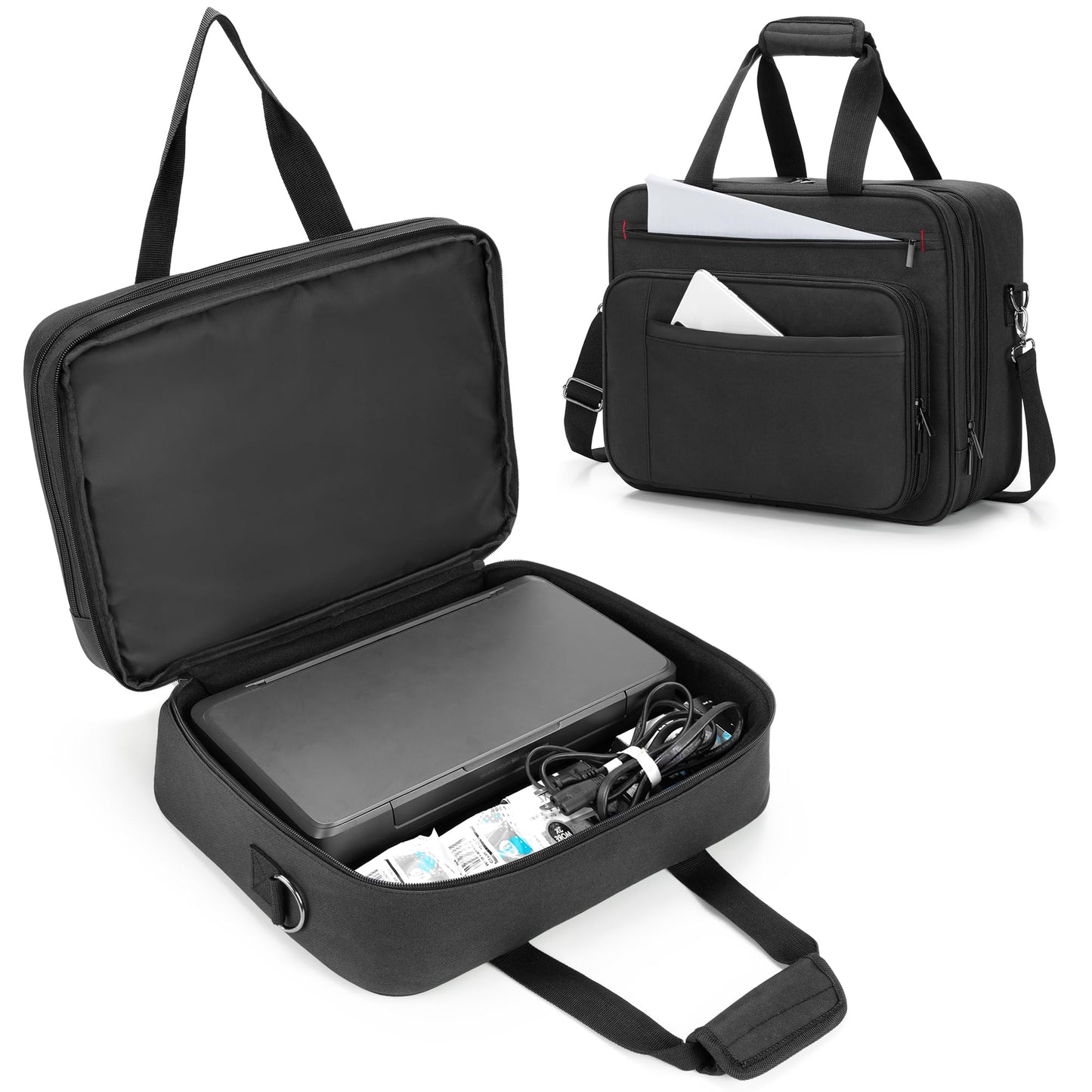samdew Double-layer Portable Mobile Printer Storage Bag Compatible with HP Tango/Tango X, HP Officejet 250/200, Printer Carrying Case with 15.6" Laptop Layer, Shoulder & Trolley Strap, Bag Only
