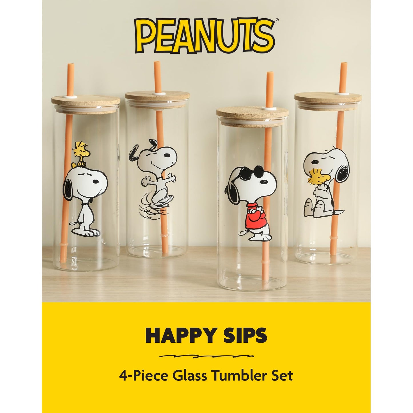 Peanuts Snoopy Happy Sips 4 Piece 23 OZ Tumbler Set with 4 Bamboo Lids and 4 Straws Set, Iced Coffee, Smoothie, Water Cup - Dishwasher Safe