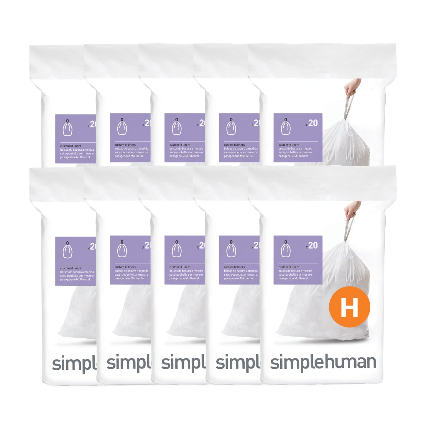 simplehuman Code H 200 Count Custom Fit Liners, Drawstring Kitchen Trash Bags, One-by-One Mess-Free Dispense, Extra Thick & Double Seamed, 50% PCR Plastic, 30-35 Liter / 8-9 Gallon, White
