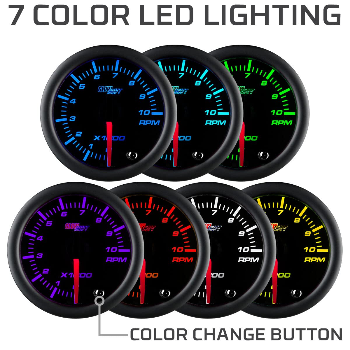 GlowShift Tinted 7 Color 10,000 RPM Tachometer Tach Gauge - for 1-10 Cylinder Gas Powered Vehicle Engines - Includes Wiring - Multi-Color Display - Black Dial - Smoked Lens - 2-1/16" 52mm
