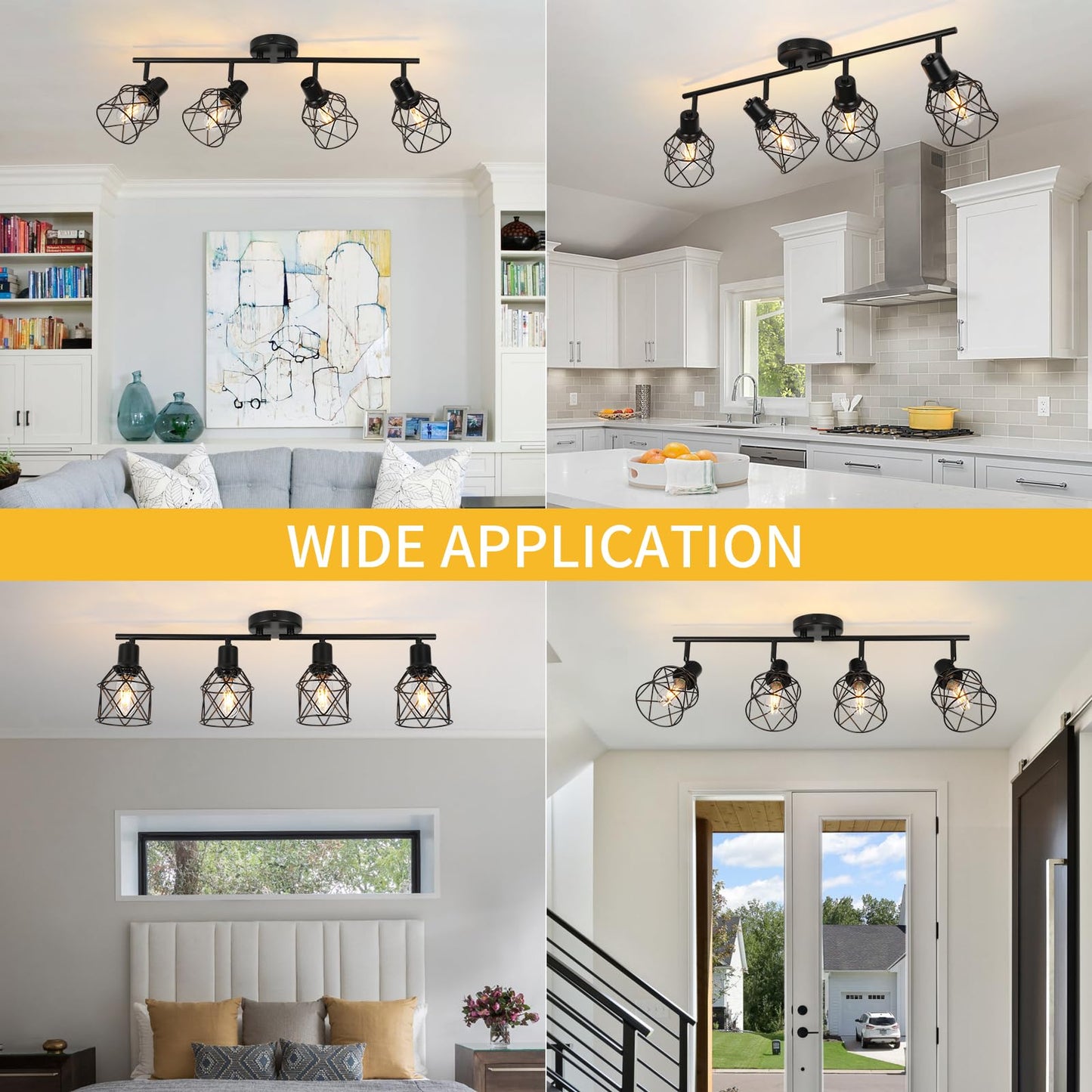 WILON Track Lighting Fixtures Ceiling 4-Light Flush Mount Ceiling Spot Lights, Industrial Track Light Black Kitchen Light Fixtures Rotatable Spotlight for Kitchen Hallway Living Room (E26 Base)