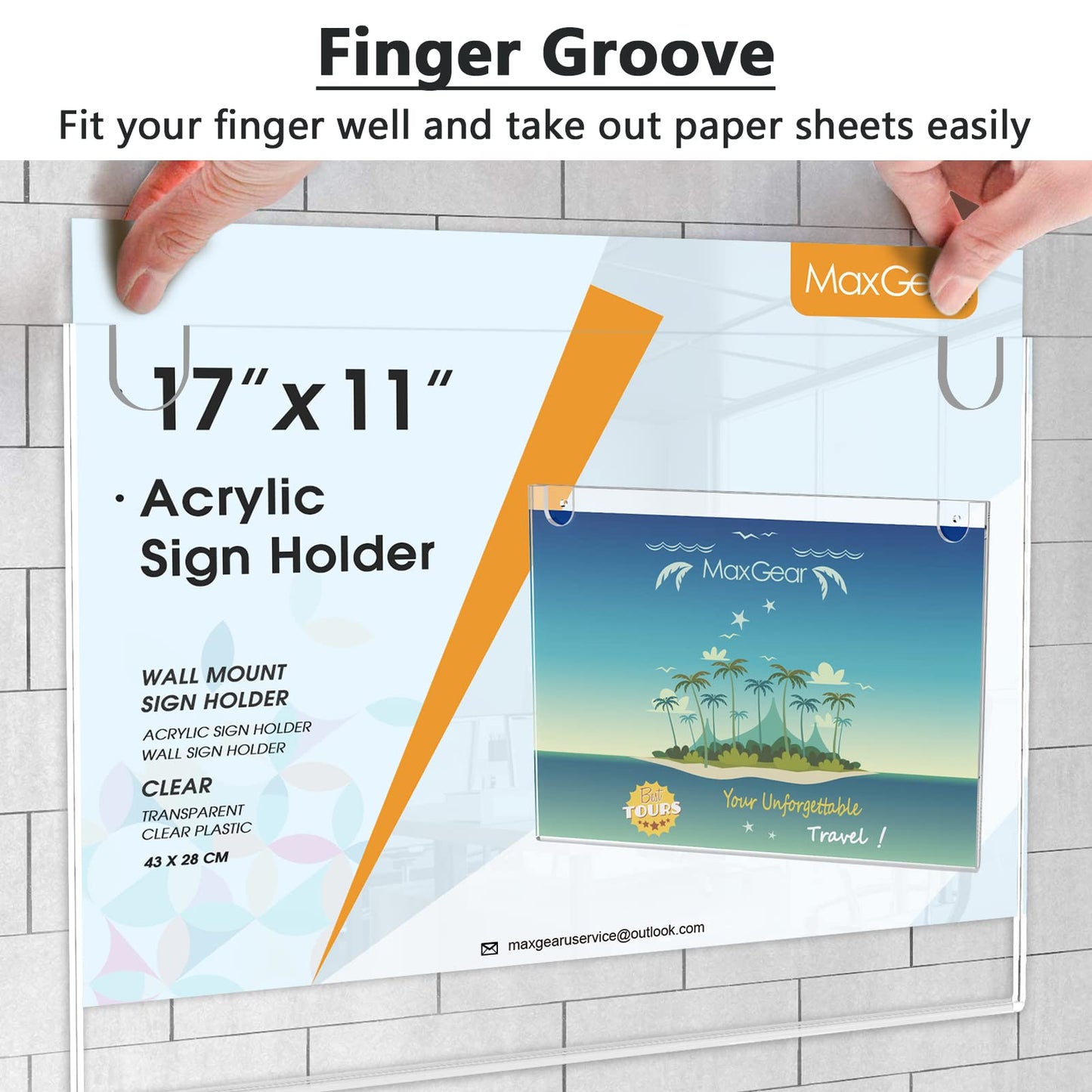 MaxGear Acrylic Sign Holder 11 x 17 Inch, Wall Mount Sign Holders Clear Plastic Picture Frame with Adhesive Tapes and Mounting Screws for Office, Home, Store, Restaurant, Landscape, 6 Pack