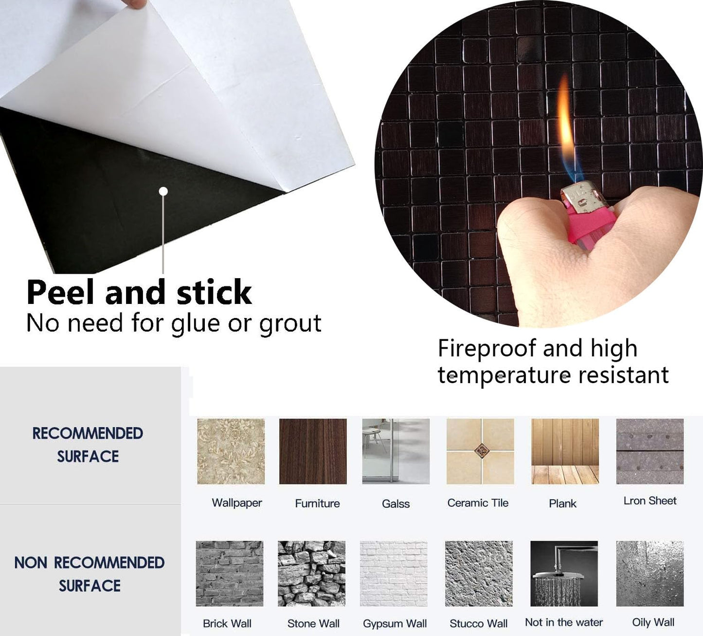 XUANINY 10-Sheet Peel and Stick Backsplash Tiles Black Surface Aluminum Mosaic Sticker for Kitchen (11.41"x11.41" Per Sheet, Pack of 10pcs) (10 Black)