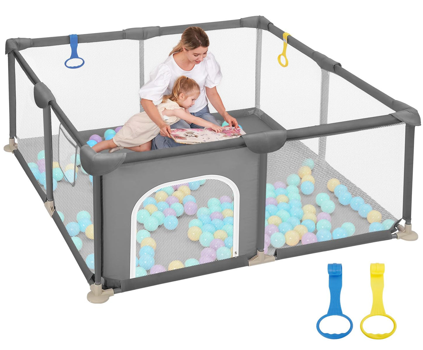 Dripex Baby Playpen, 47"x47" Play Pens for Babies and Toddlers, Safe Anti-Fall Play Yard with Gates, Baby Fence with Breathable Mesh, Indoor & Outdoor Kids Activity Center, Grey
