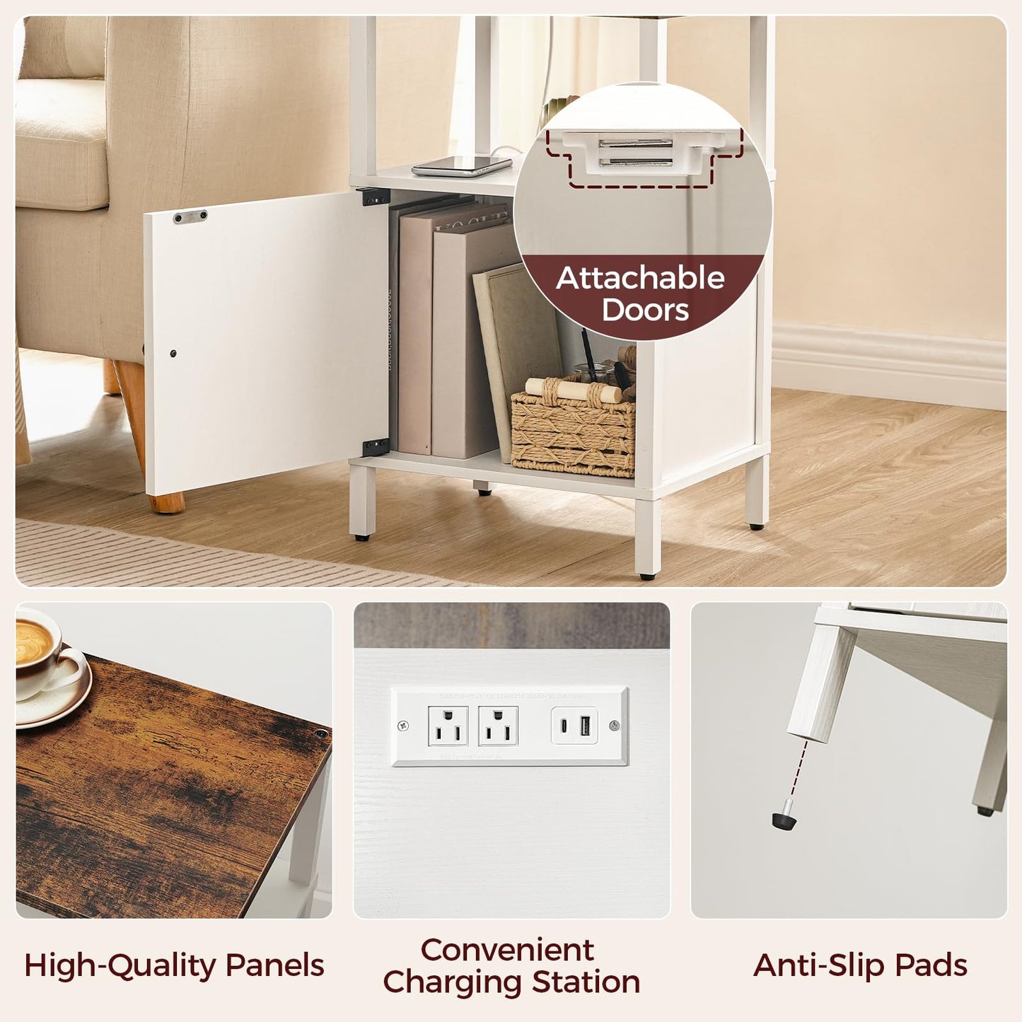MAHANCRIS Farmhouse Nightstand with Charging Station, Barn Door End Table with USB Ports and Storage Cabinet, Bedside Table for Bedroom, Living Room, Small Space, White and Rustic Brown ETRW96E01