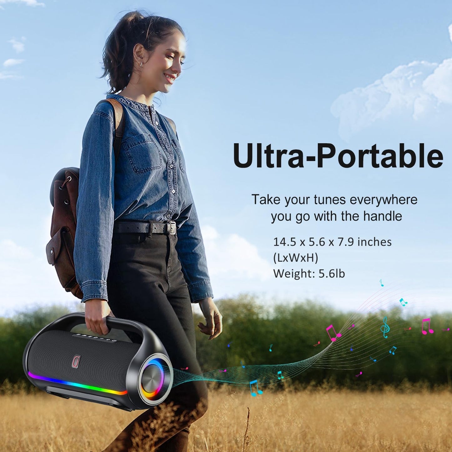 HWWR Bluetooth Speaker, IPX5 Waterproof Portable Bluetooth Speaker with Powerful Bass & LED Lights, Loud Stereo Wireless Speaker for Home Party, Beach, Outdoor Camping, Support USB/TF Card/AUX/TWS