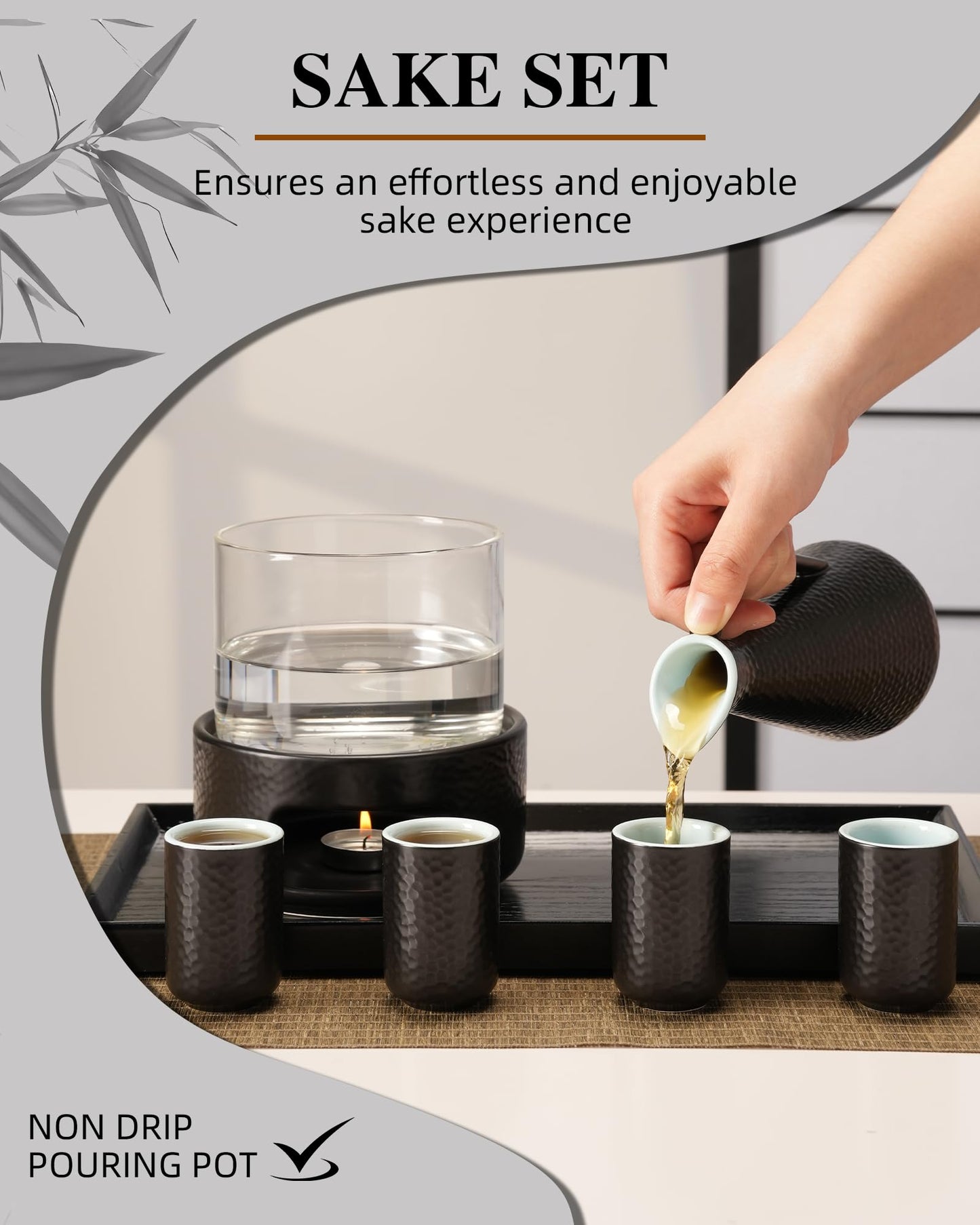 ZENS Sake Set with Warmer, 12 Ounce Embossed Ceramic Sake Bottle 6 Sake Cups and Glass Pot for Hot or Cold Japanese Sake, Black Sake Carafe Gift Sets with Cotton Towel