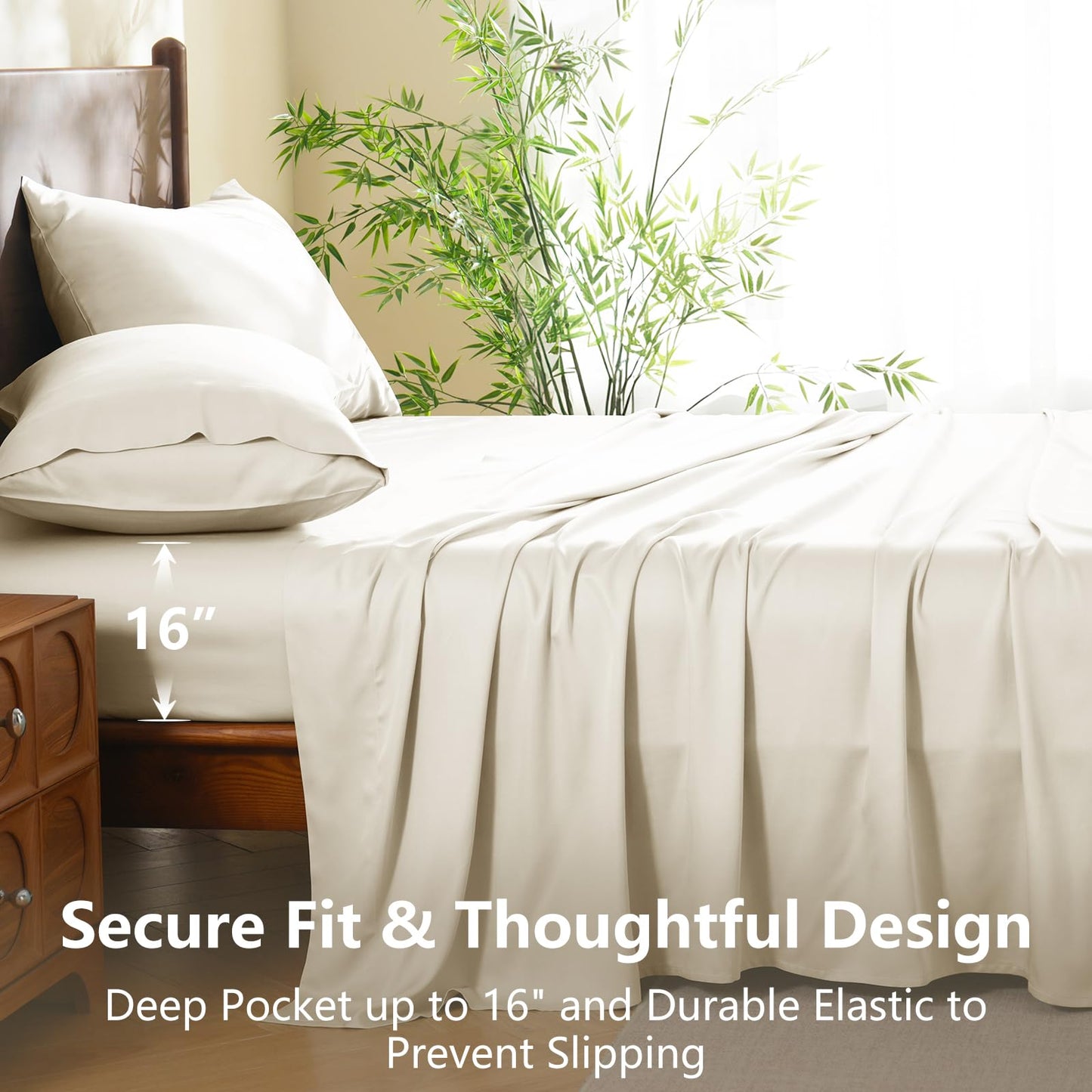 CozyLux King Size Sheets Set, Rayon Derived from Bamboo, Skin Friendly for Hot Sleepers, 16" Deep Pocket Cooling & Breathable All Season Bedding Set, Oeko-TEX Certified, Ivory