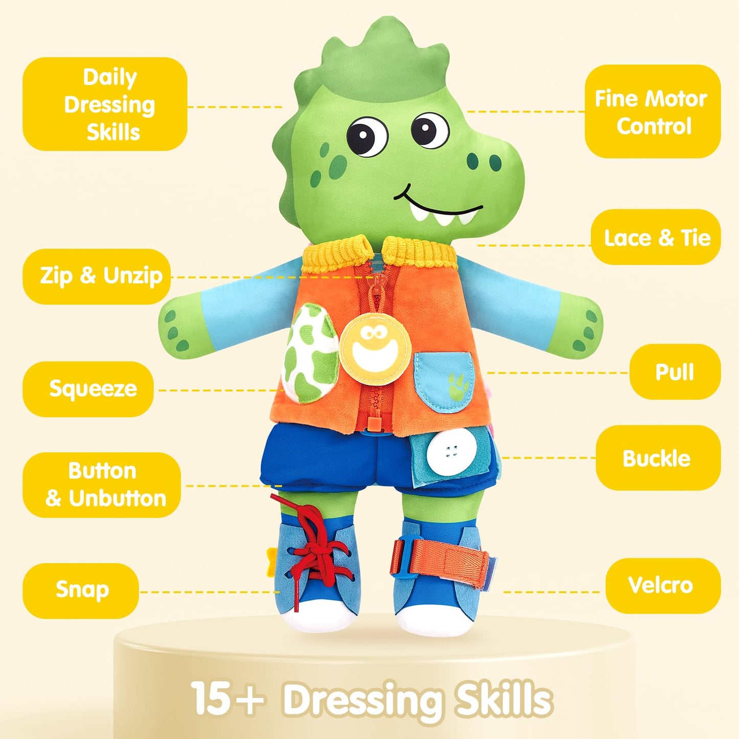hahaland Montessori 2-in-1 Busy Doll for Toddlers 1-3, Reversible Dinosaur & Unicorn Educational Learn to Dress Doll with 15+ Buckle, Snap & Dressing Skills, Toddler Gifts for 2 Years and Ups