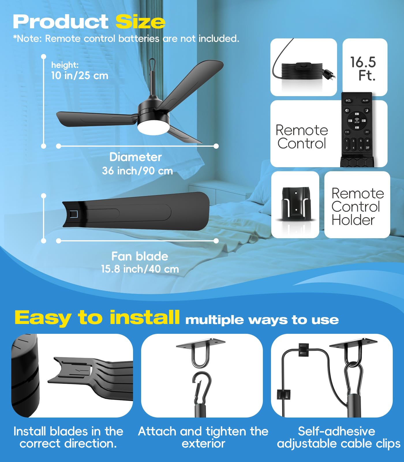 aetherlume 36 inch Plug-in Ceiling Fan Light with Remote Control,gazebo fan light,3 Blade, Dimmable 3CCT LED, Reversible,Portable Hook Design with16ft Cable for Bedroom Garage Tent Porch Kitchen