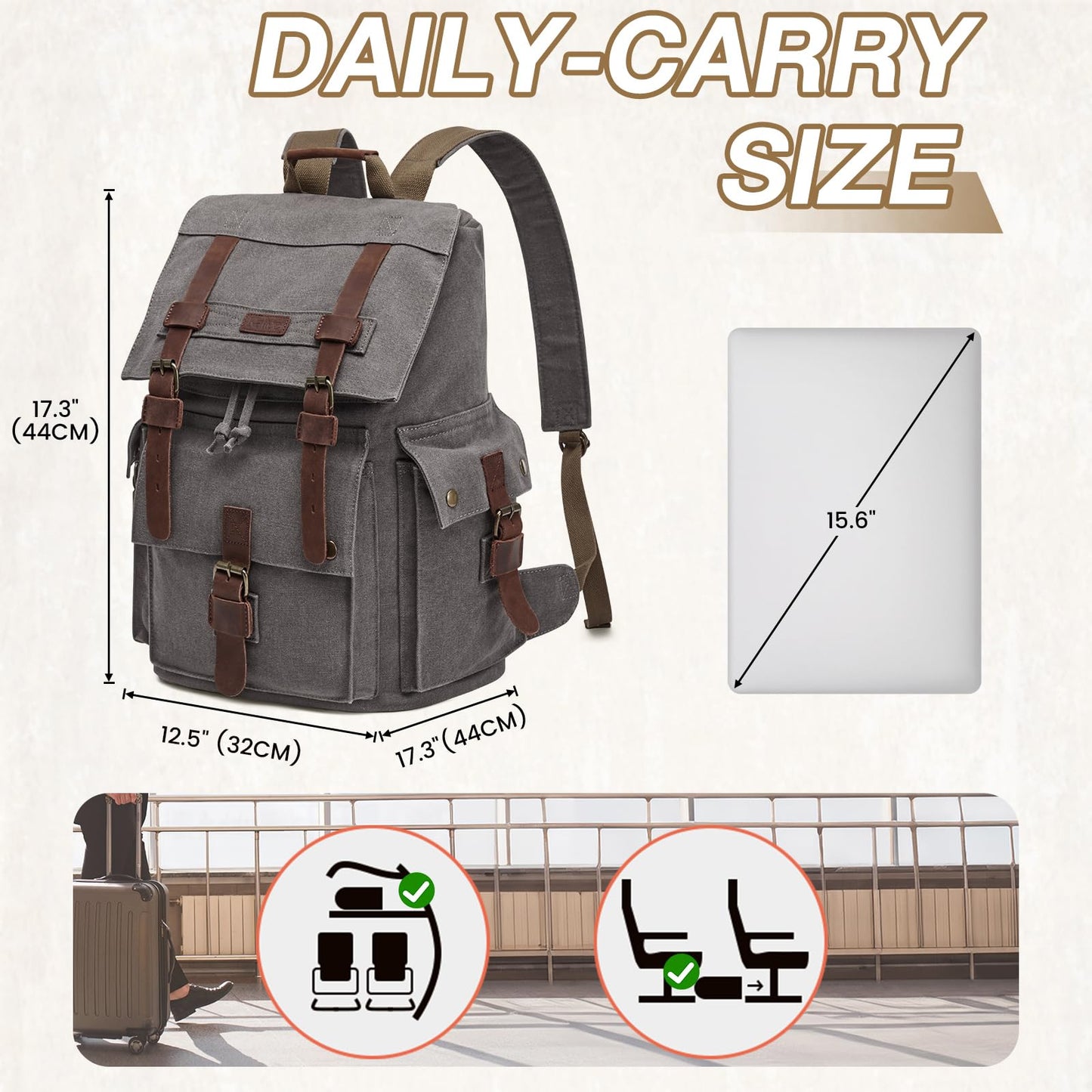 Kattee Men’s Leather Canvas Backpack Large School Bag Travel Rucksack Grey