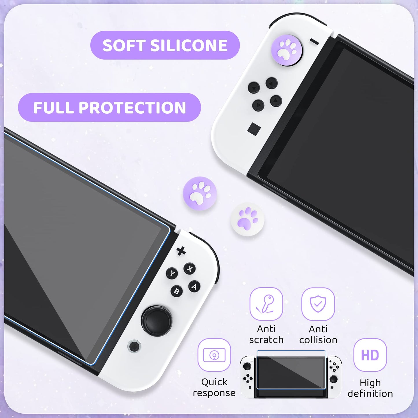 RHOTALL Purple Carrying Case for Nintendo Switch OLED, Cute Storage Case for Switch OLED Accessories with Hard Protective Case, Screen Protector, Adjustable Shoulder Strap and 2 Thumb Caps for fish