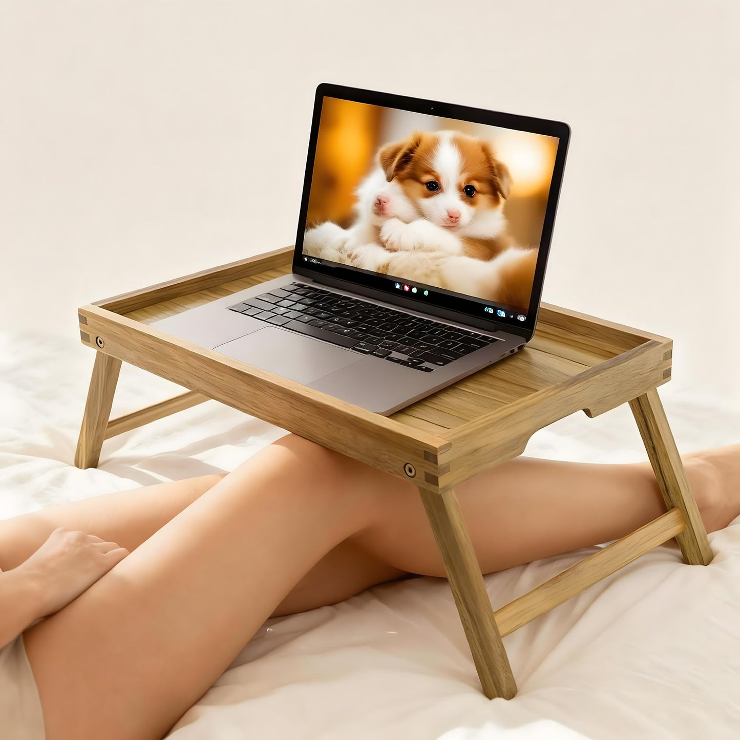 VaeFae Acacia Bed Table Tray, Wooden Breakfast Tray with Folding Legs, Bed Tray for Eating and Laptop, Eating Trays for Bedroom, (2 Pack)