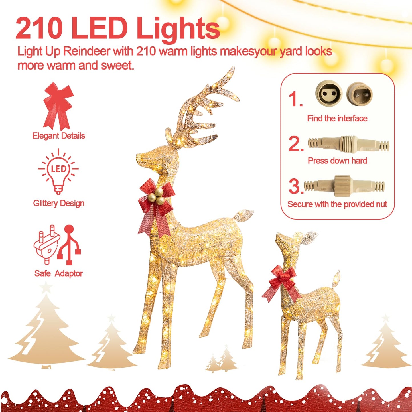 3Pcs Large Lighted Reindeer Christmas Decorations, 3D Yard Deer Decor Family Set for Indoor or Outdoor Yard Art- with 210 Warm White LED Lights,Ground Stakes,Zip Ties