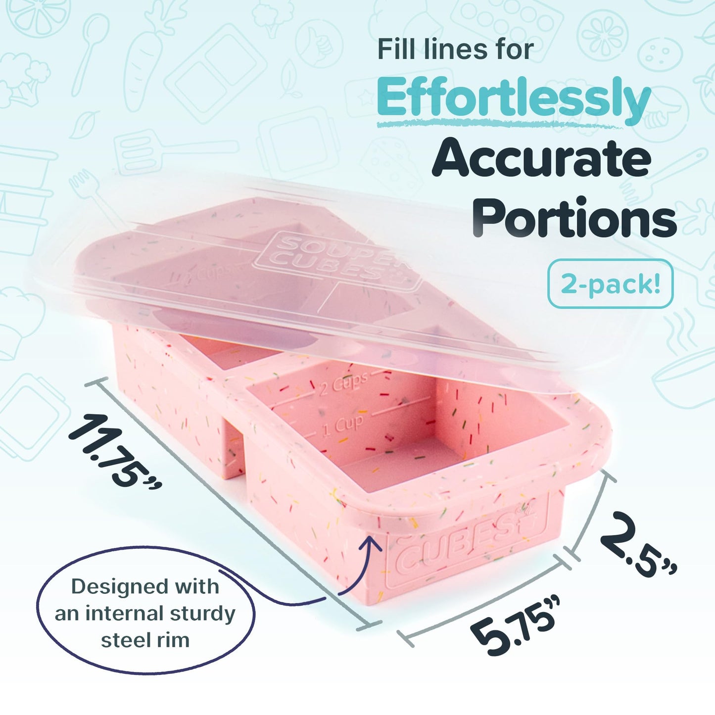 Souper Cubes 2 Cup Silicone Freezer Trays, 100% Platinum-Cured Silicone Freezer Mold, Oven and Microwave Safe, Perfect for Storing Lasagna, Casseroles and More - Cotton Candy, 2-Pack