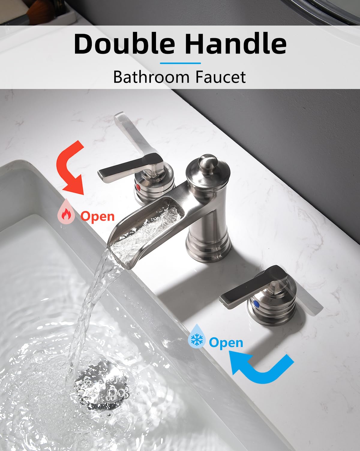Fapully Brushed Nickel Bathroom Sink Faucet, Waterfall Bathroom Faucets 3 Hole, 8 Inch Widespread Bathroom Faucet with Pop-up Drain, 2-Handle Faucet for Bathroom Sink Vanity RV