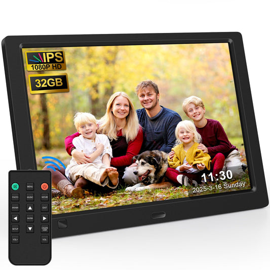 10.1 Inch Digital Picture Frame with 32GB USB Flash Drive, KECAG 1920x1080 HD IPS Screen Digital Photo Frame, Motion Sensor, Video, Music, Share Moments via SD Card or USB, with Remote Control
