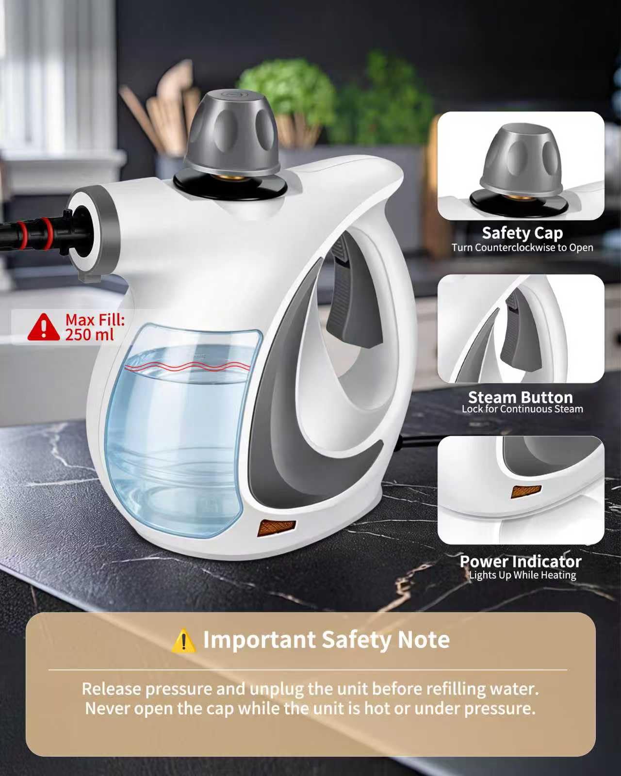 Pressurized Handheld Steam Cleaner for home with 12pcs Accessories&Safety Lock – Multi-Surface Natural Deep Steamer for Cleaning Car, Furniture, Floor, Upholstery, Tile, Grout, Windows (dark gray)