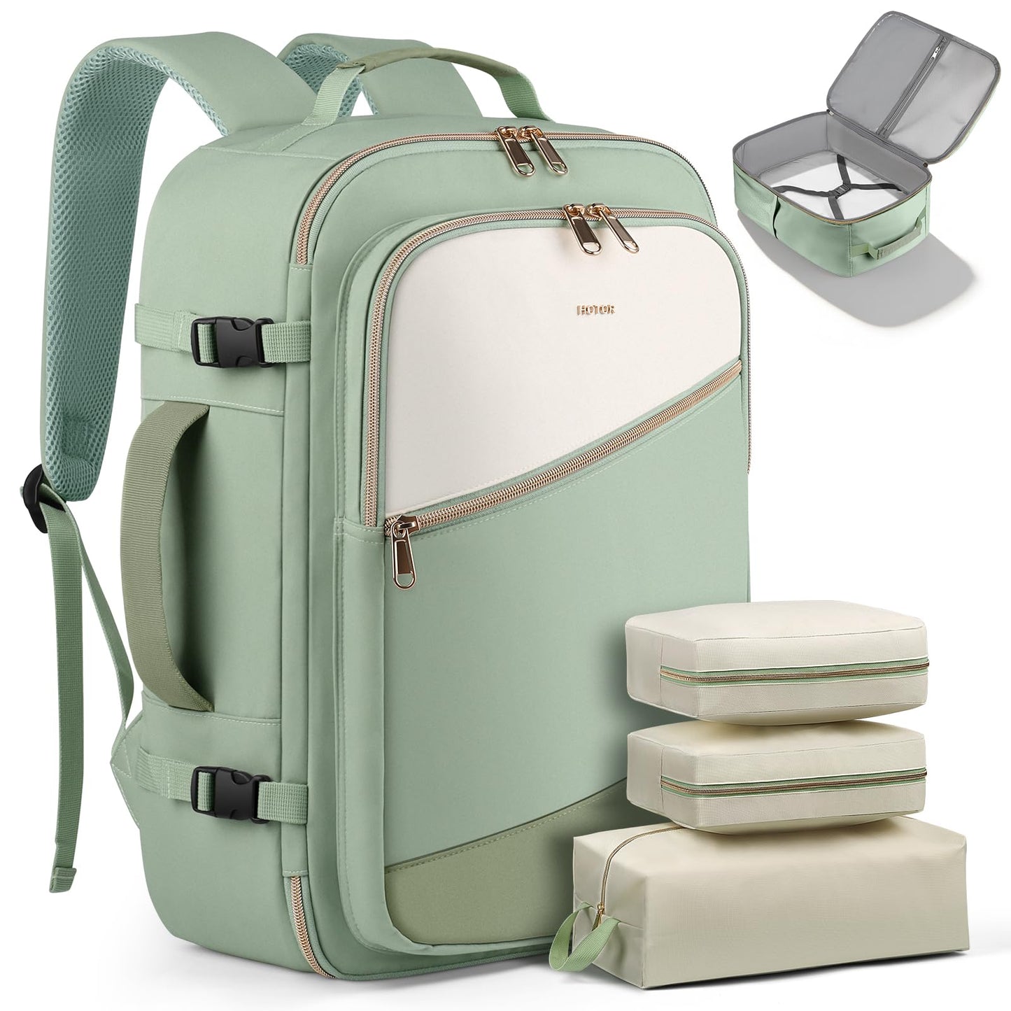 HOTOR Travel Backpack for Women – TSA-Friendly Travel Bag with Multiple Compartments & 3 Packing Cubes, Water-Resistant & Comfortable, Perfect for Travel Essentials, Green, 18.5" x 13.0" x 8.3"