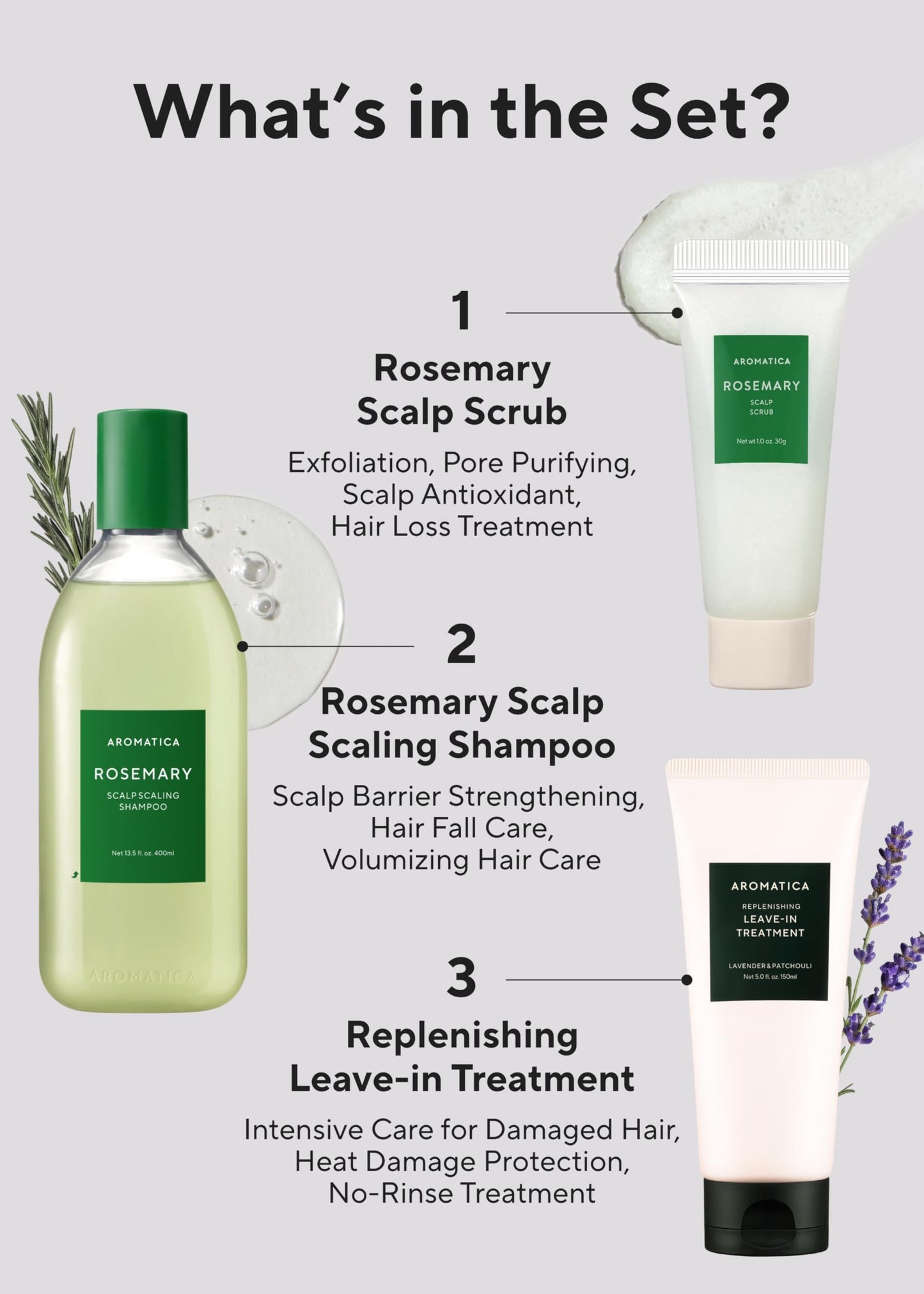 AROMATICA Rosemary Hair Care Special Gift Set - Shampoo for hair growth & Heat Protection Leave in Treatment & Scalp Treatment - Hair care kit for women, Mothers day gifts