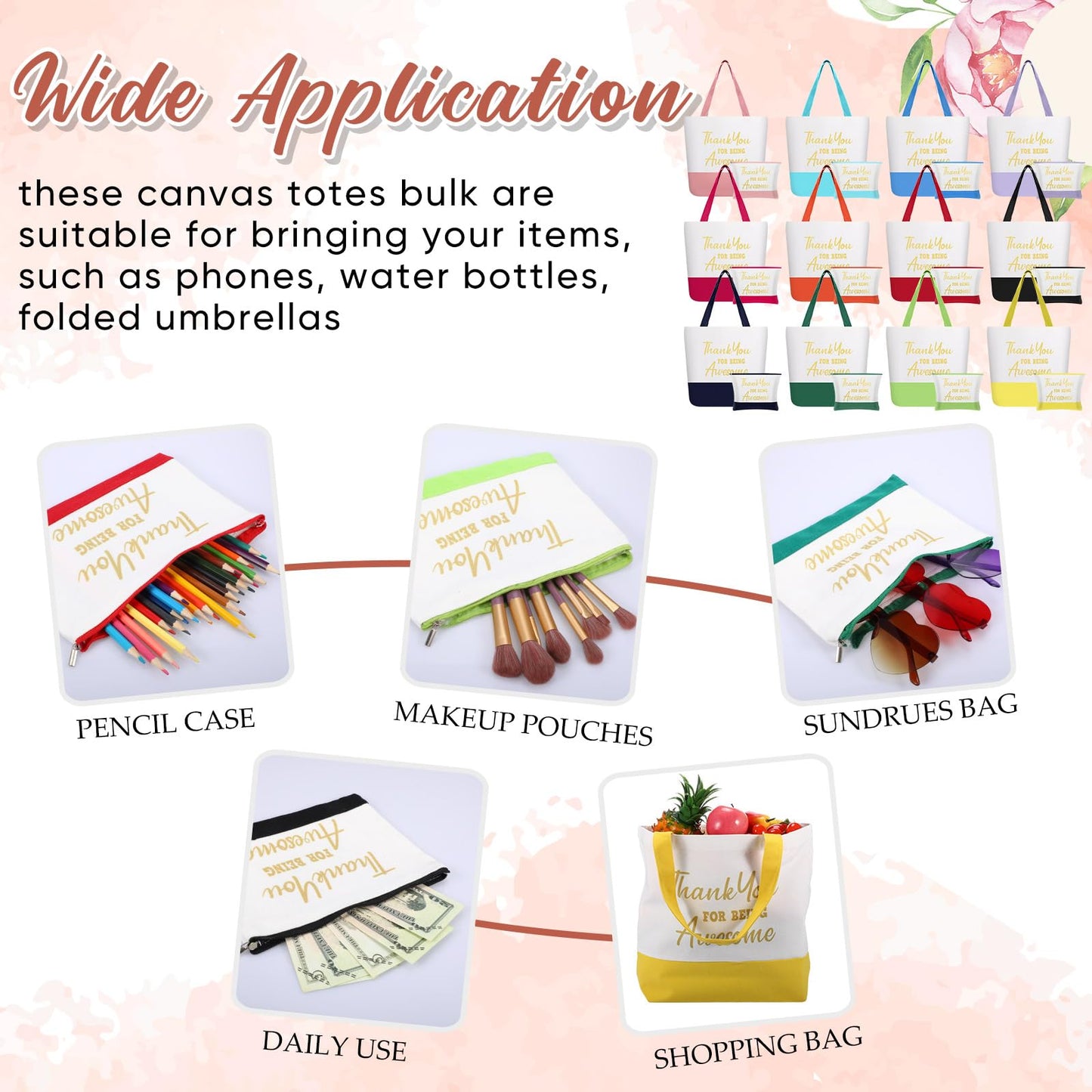 Clysee 24 Pcs Thank You Gifts for Women - Inspirational Teacher & Nurse Appreciation Canvas Makeup Bags