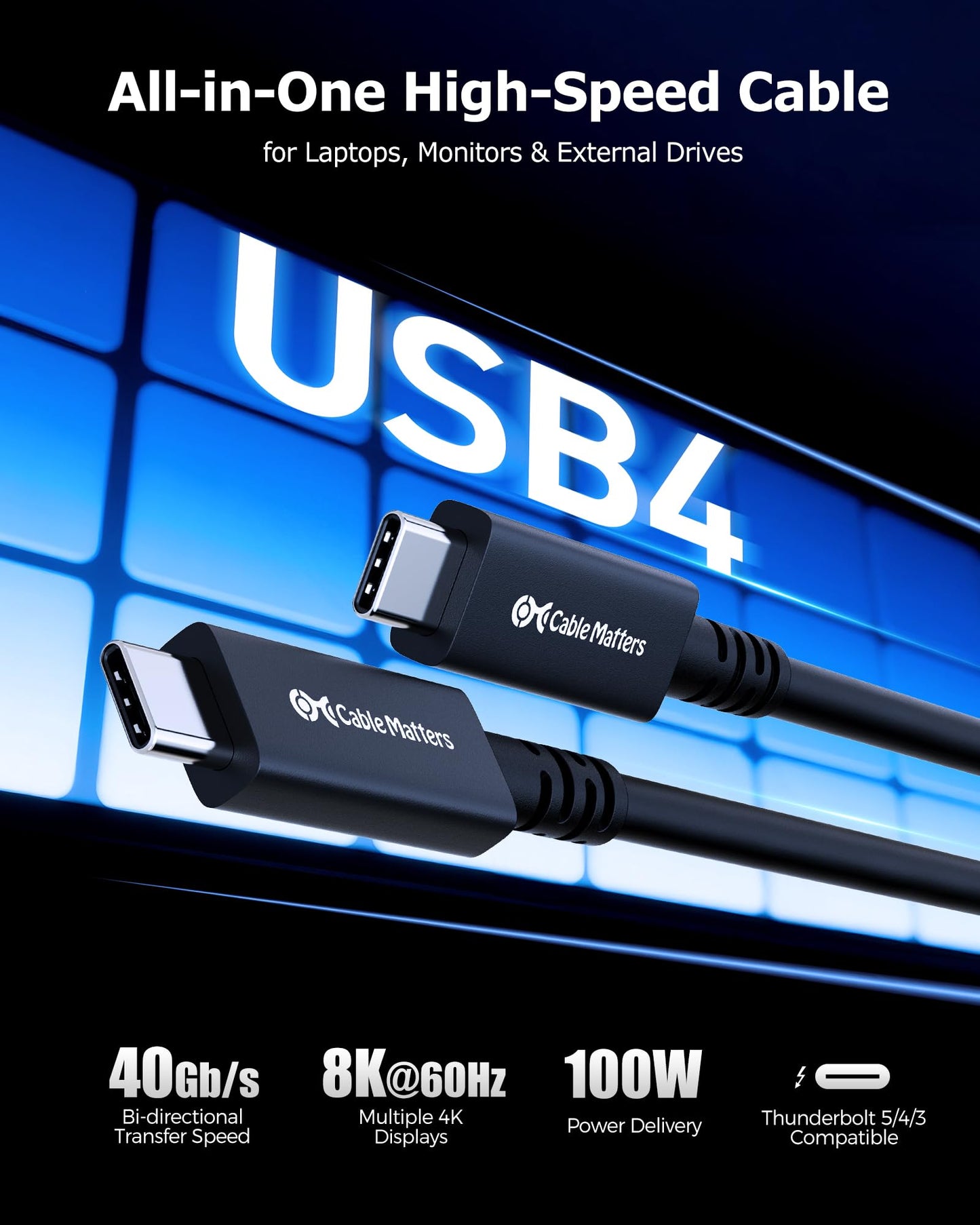 Cable Matters 40Gbps Active USB4 Cable 9.8 ft / 3m, Supports Up to [8K@60Hz / 4K@240Hz Video, 100W Charging, 40Gbps Data Transfer] Compatible with Thunderbolt 4, VR Headset, MacBook, XPS, Surface Pro