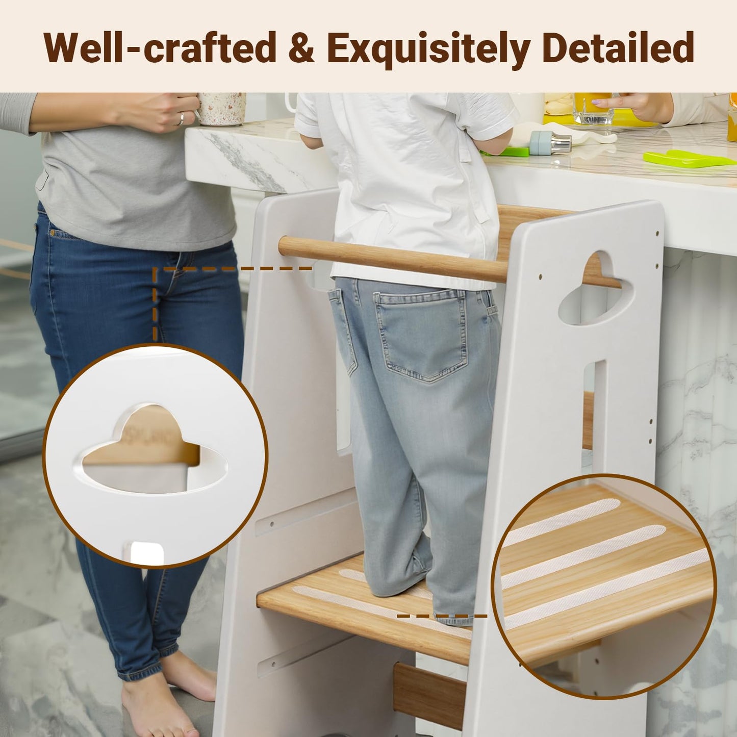 COSYLAND 3 Levels Adjustable Toddler Standing Tower - 33.5IN/85CM Stable Kids Kitchen Step Stool with Protective Crossbar - Wooden Toddler Kitchen Stool Helper(White & Natural)