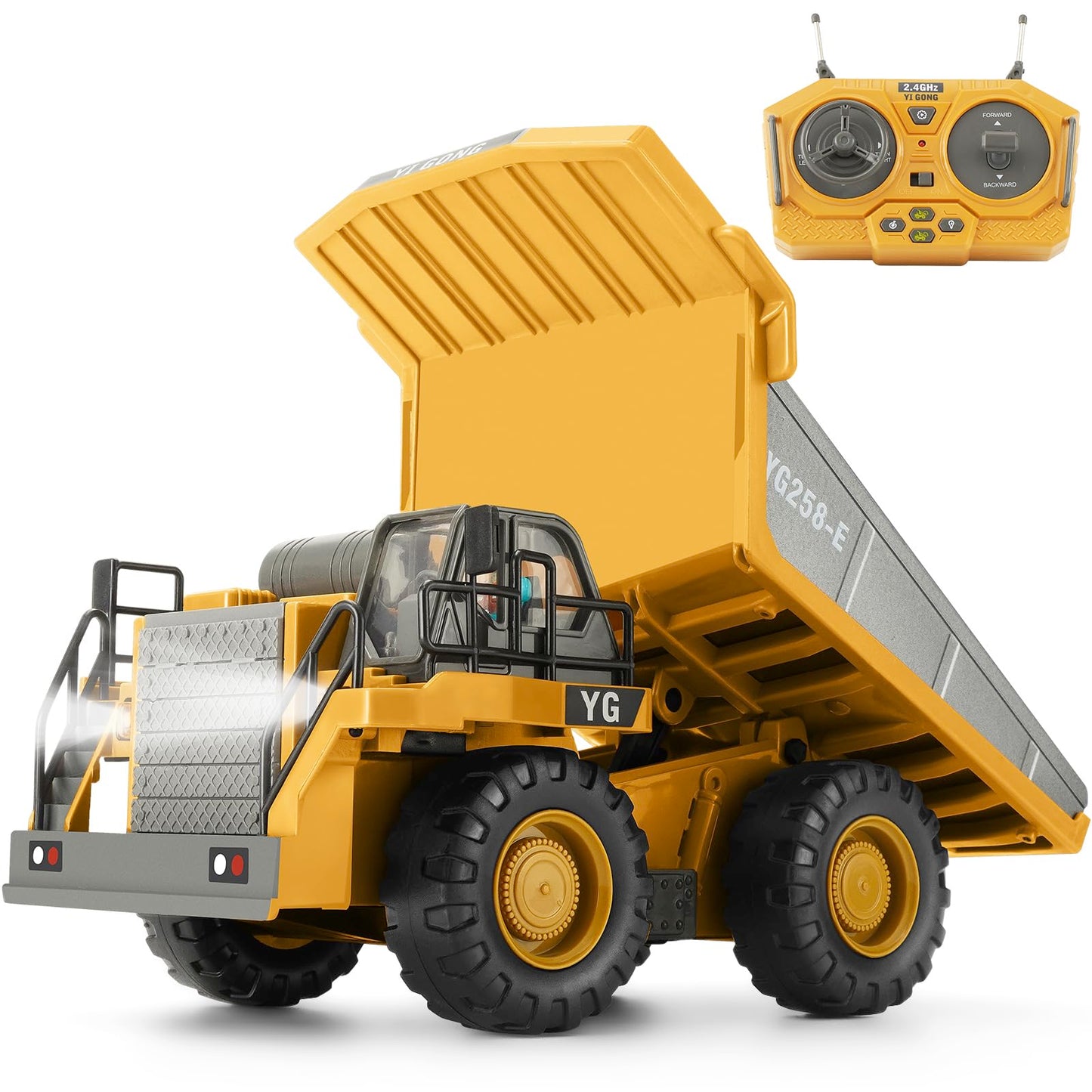 KIZJORYA Remote Control Dump Truck, RC Construction Vehicle for Kids with 9 Channel Metal Bed Light Sound & Rechargeable Battery, Electric Transport Garbage Truck Toy for Toddlers Boys Girls Age 3+